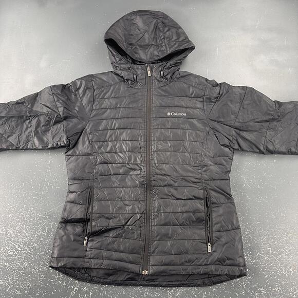 Columbia Puffer Jacket Women Medium Black Quilted Hooded Winter Packable - Picture 2 of 8